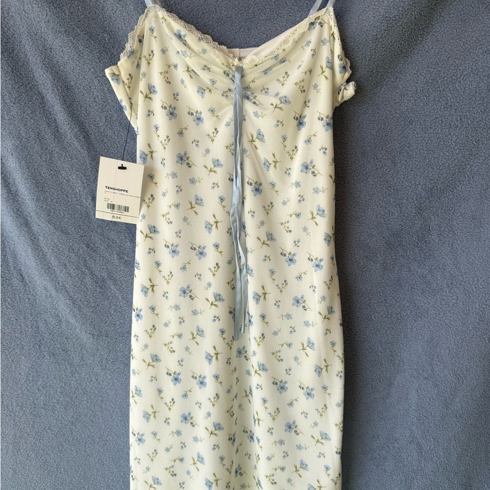 Floral Midi Dress in Cream and Blue